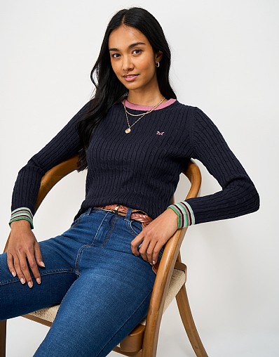 Heritage Cable Crew Neck Jumper with Cashmere in Navy
