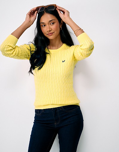 Heritage Cable Crew Neck Jumper with Cashmere in Yellow