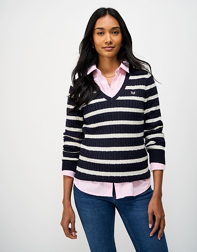 Heritage V Neck Cable Jumper with Cashmere in Navy