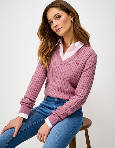 Heritage V Neck Cable Jumper with Cashmere in Pink