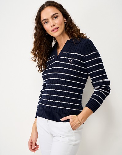 Cable Knit Collared Jumper in Blue Stripe