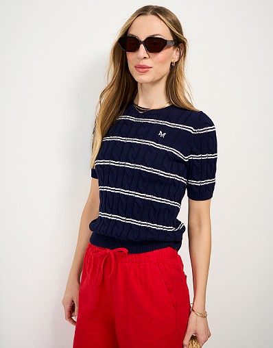 Summer Heritage Cable Knit Striped Tee in Navy & White