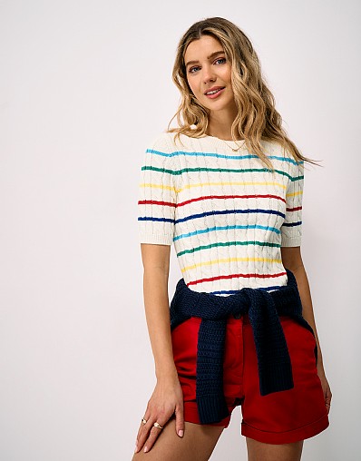 Summer Heritage Cable Knit Striped Tee in White & Multicolours