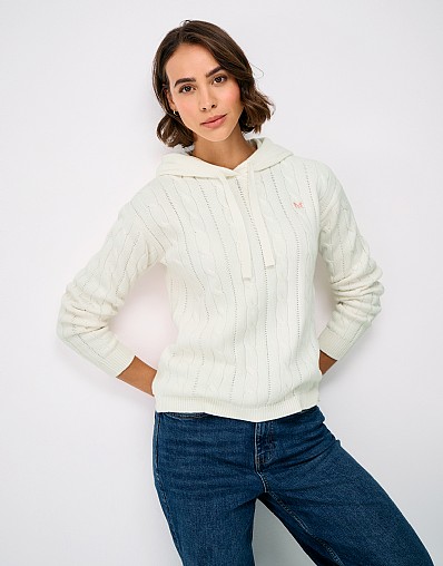 Cable Knit Hoodie in White