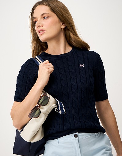 Heritage Cable Knit Short Sleeve T-Shirt in Navy
