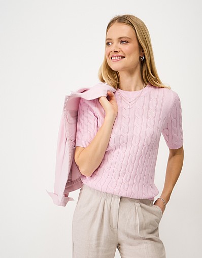 Heritage Cable Knit Short Sleeve T-Shirt in Pink