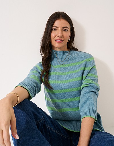 Harmony Saddle Shoulder Funnel Neck Jumper in Blue Stripe