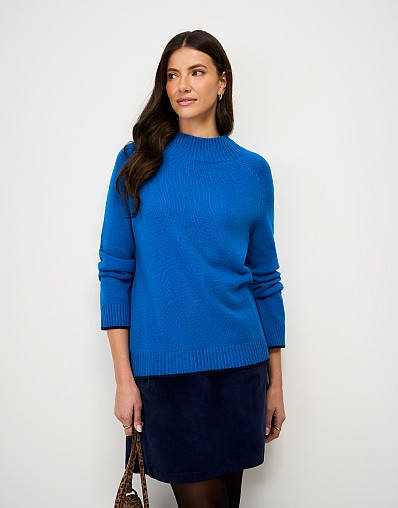 Harmony Saddle Shoulder Funnel Neck Jumper in Bright Blue