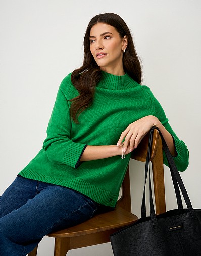 Harmony Saddle Shoulder Funnel Neck Jumper in Green
