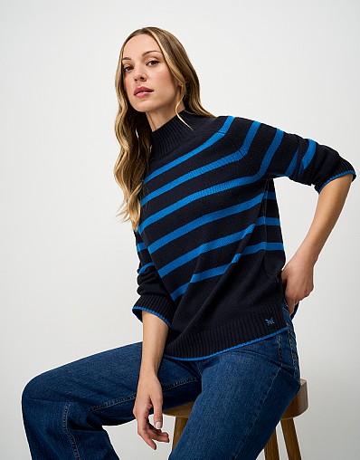 Harmony Saddle Shoulder Funnel Neck Jumper in Navy & Bright Blue Stripes