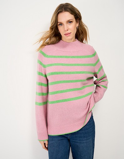 Harmony Saddle Shoulder Funnel Neck Jumper in Pink & Green Stripes