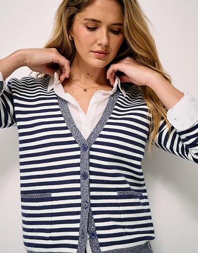 Mixed Stripe Interest Cardigan in Navy and White