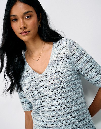 Space Dye Textured Stitch Knit T-Shirt in Blue