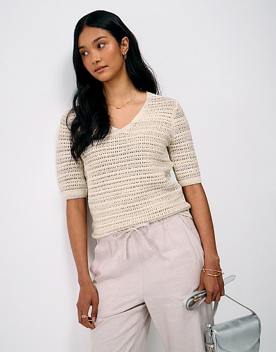 Space Dye Textured Stitch Knit T-Shirt in Neutral