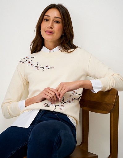 Fleur Cherry Blossom Embroidered Drop Shoulder Jumper in Cream