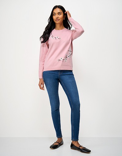 Fleur Cherry Blossom Embroidered Drop Shoulder Jumper in Pink