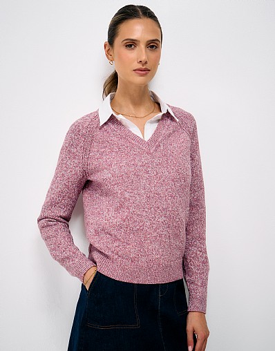Pretwist V-Neck Jumper in Pink and White