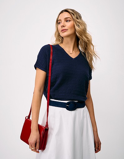 Relaxed Knitted Pointelle T-Shirt in Navy