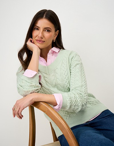 Multi Cable V Neck Jumper in Light Green