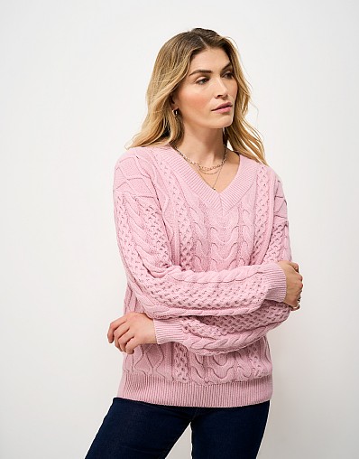 Cable-Knit V-Neck Jumper in Pink