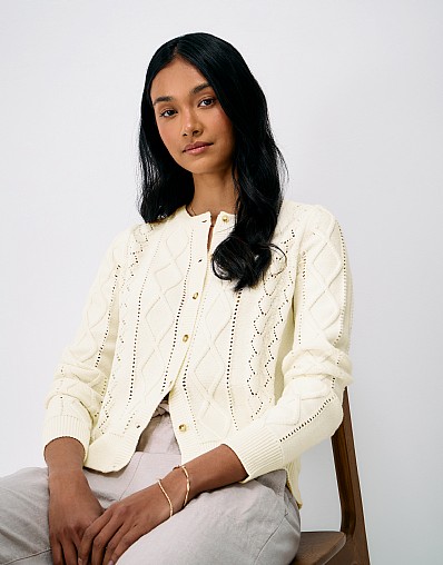 Pointelle Cable Mix Cardigan in White