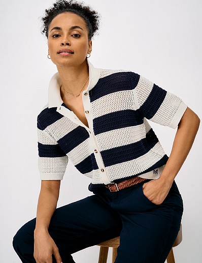 Sade Stripe Pointelle Beach Cardigan in Blue and White