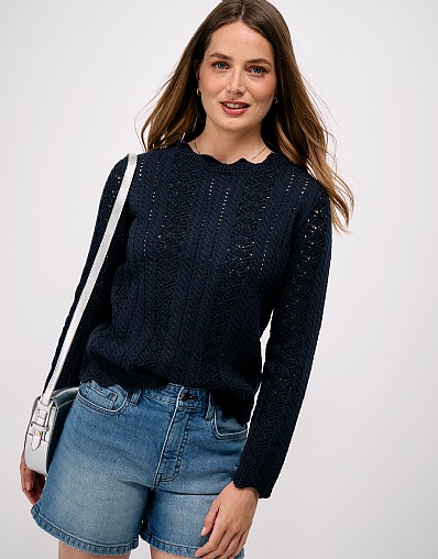 Cotton Blend Cable Pointelle Jumper in Navy