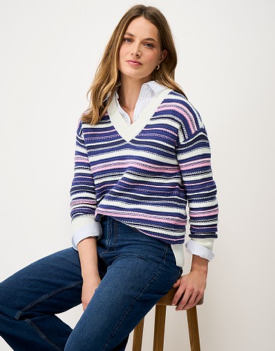 Textured Stripe V-neck Jumper in Multicolour