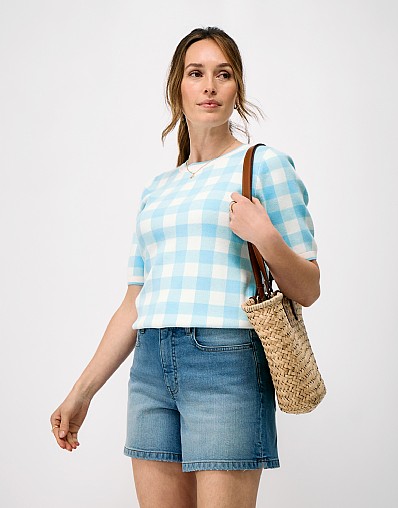Gingham Check Knited Tee in Blue and White