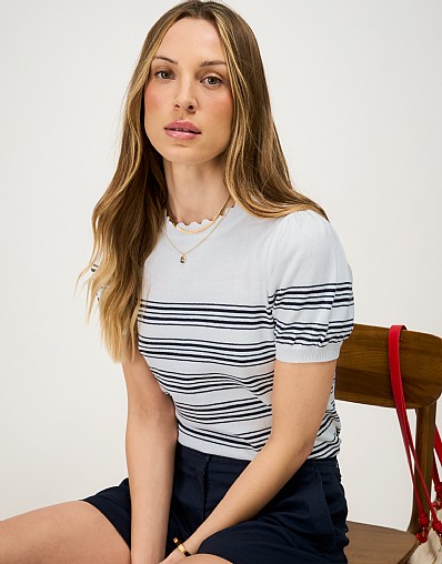 Scallop Edge Puff Sleeve Cotton Knitted Top in White and Navy Stripe