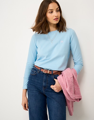 Supersoft Brushed-Cotton Long-Sleeve Top in Light Blue