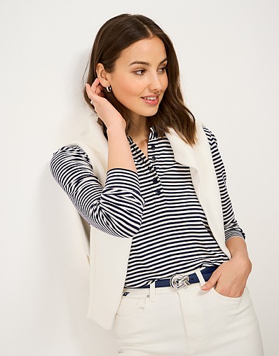 Frill-Neck Jersey Blouse in Navy & White Stripe