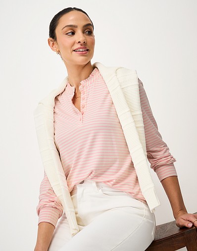 Frill-Neck Jersey Blouse in Pink & White Stripe