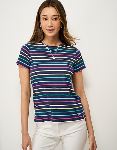 Cotton Breton Tee in Navy Rainbow Stripe
