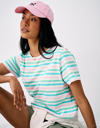 Cotton Breton Tee in White, Blue & Pink Stripe
