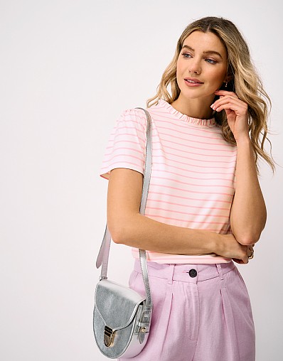 Short Sleeve Frill Neck T-shirt in Pink Stripe
