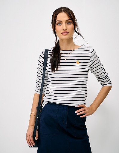 Embroidered Cotton Breton Orange Top in Ivory & Blue Stripe