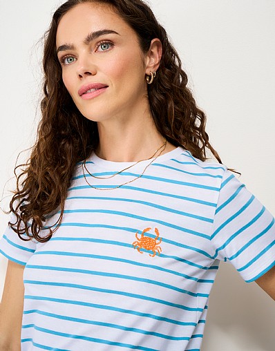 Embroidered Cotton Breton Crab Tee in Blue & White Stripe