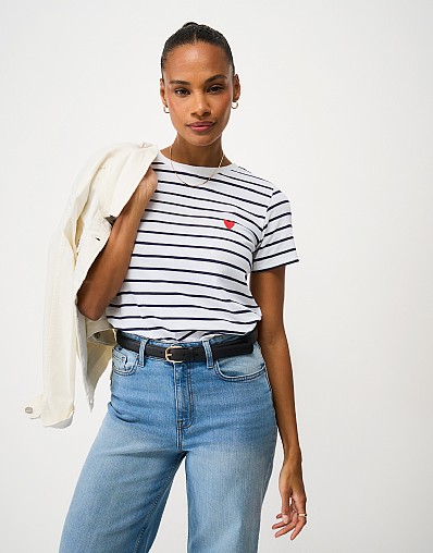 Embroidered Cotton Breton Heart Tee in Navy & White Stripe