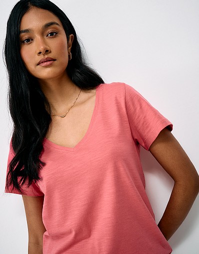 Perfect V Neck Slub T-Shirt in Bright Pink