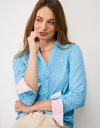 Jersey Shirt in Blue and White Leaf Print