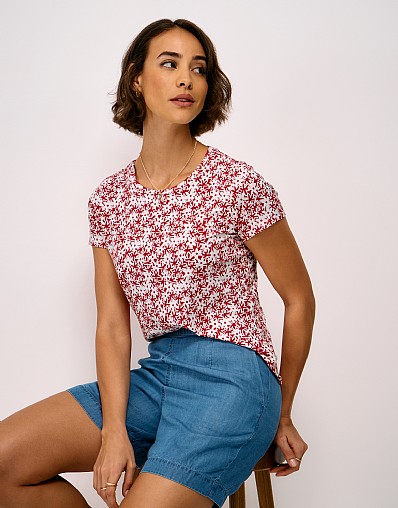 Viscose T-Shirt in Red Daisy Print