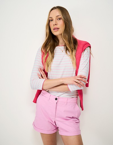 Whipstitch Breton Cotton Top in White and Pink Stripe