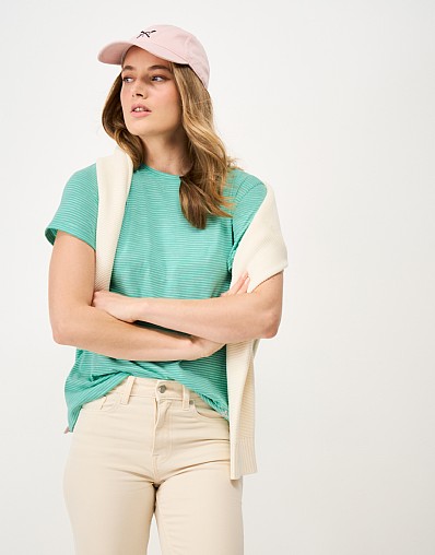 Cotton-Slub Perfect Crew Tee in White and Turquoise Stripe