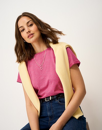 Cotton-Slub Perfect Crew Tee in Raspberry Pink Stripe