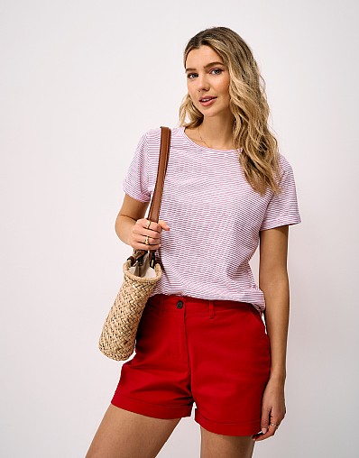 Cotton-Slub Perfect Crew Tee in White and Fuchsia Pink Stripe