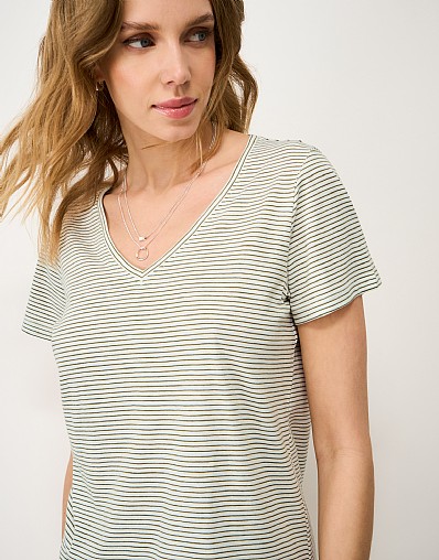 Perfect V Neck Slub Stripe T-Shirt in White and Green