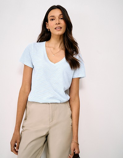 Perfect V Neck Slub Stripe T-Shirt in White and Blue