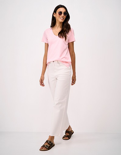Perfect V Neck Slub Stripe T-Shirt in White and Pink
