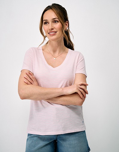 Perfect V Neck Slub Stripe T-Shirt in White, Pink and Lavender